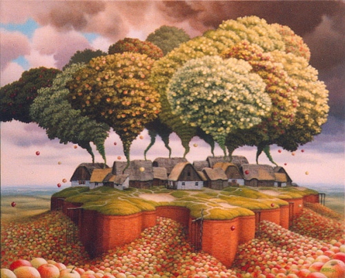 A-Jacek-Yerka-surealism-painting-of-a-village-of-houses-with-apples-trees-coming-out-of-the-chimneys